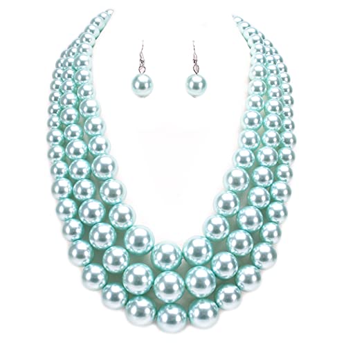 Multi Strand Simulated Pearl Necklace and Earrings Jewelry Set, 18"+3" Extender (Aqua Blue Silver Tone)