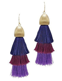 Vintage Chic Tiered Ombre Thread Tassel Long Dangle Earrings (Purple Textured Gold Tone Bead, 4.25")