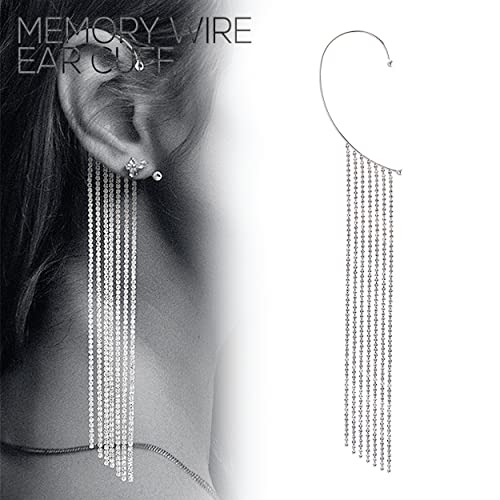 Silver Tone Memory Wire Ear Cuff Crawler With Crystal Rhinestone Tassel Fringe Single Earring, 7"
