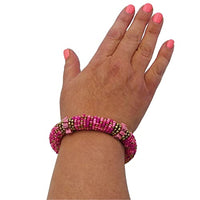 Bohemian Chic Pink Seed Bead And Howlite Stone Flexible Wire Coil Stretch Bracelet, 6.5"