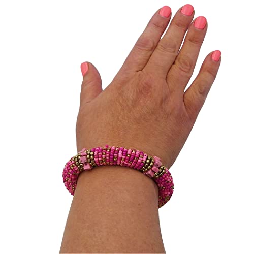 Bohemian Chic Pink Seed Bead And Howlite Stone Flexible Wire Coil Stretch Bracelet, 6.5"