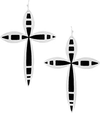 Sleek Black Enamel Christian Cross Polished Silver Tone Dangle Earrings, 3"