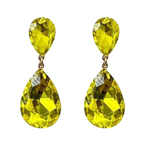 Double Teardrop Statement Glass Crystal Dangle Clip On Bridal Earrings, 2" (Yellow Topaz Crystal Gold Tone)