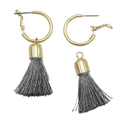 Gold Tone Hoop and Detachable Thread Tassel Earrings (Grey)