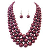 Multi Strand Simulated Pearl Necklace and Earrings Jewelry Set, 18"+3" Extender (Burgundy Gold Tone)