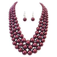 Multi Strand Simulated Pearl Necklace and Earrings Jewelry Set, 18"+3" Extender (Burgundy Gold Tone)