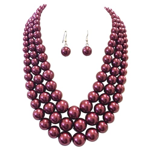 Multi Strand Simulated Pearl Necklace and Earrings Jewelry Set, 18"+3" Extender (Burgundy Gold Tone)