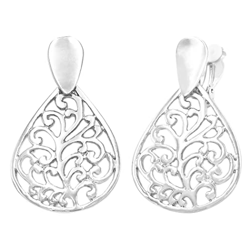 Chic Statement Metal Teardrop Shaped Filigree Cut Out Dangle Clip On Style Earrings, 2.25" (Polished Silver Tone)