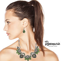 Mesmerizing Art Deco Crystal Flowers Statement Necklace Earrings Bridal Gift Set, 15"+3" Extender (Green Crystal Silver Tone)