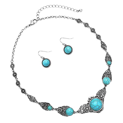 Vintage Western Style Decorative Flower Framed Turquoise Howlite Stone Necklace Earrings Gift Set, 17"+3" Extender