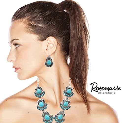 Stunning Statement Vintage Western Style Semi Precious Turquoise Howlite Stone Y-Drop Necklace Earring Gift Set, 24"+3" Extender