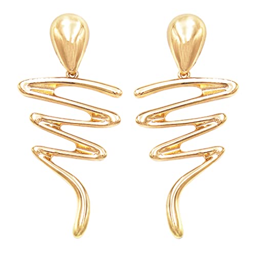 Unique Polished Metal Ribbon Scroll Metal Dangle Clip On Style Earrings, 3" (Polished Gold Tone)