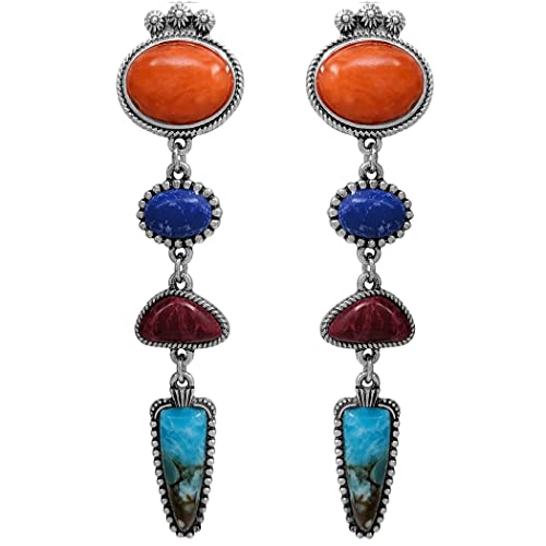 Rosemarie & Jubalee Women's Cowgirl Chic Colorful Western Style Semi Precious Natural Howlite Stone Dangle Post Earrings, 3.25"