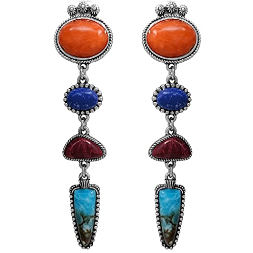 Rosemarie & Jubalee Women's Cowgirl Chic Colorful Western Style Semi Precious Natural Howlite Stone Dangle Post Earrings, 3.25"