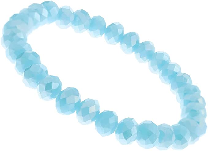 Stunning Set of 3 Faceted Glass Crystal Bead Stretch Bracelets, 6.5" (Blue Pacific Opal Single Strand 8mm)