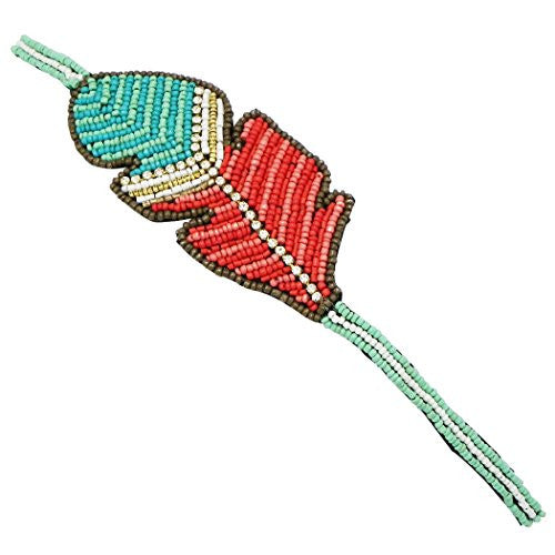 Western Chic Vibrant Turquoise And Coral Seed Bead Feather Stretch Fashion Headband