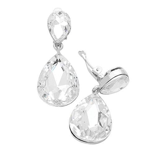 Double Teardrop Crystal Statement Clip On Earrings (Silver Tone/Clear Crystal)
