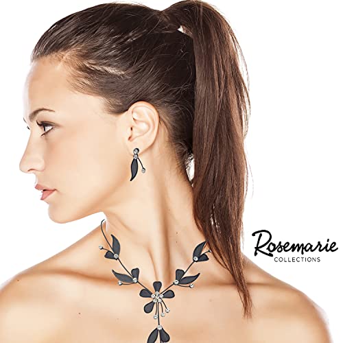 Stunning Petite Metal Mesh Flower With Crystal Accents Bridal Necklace And Dangle Earrings Jewelry Set, 15"+3" Extension (Jet Black)