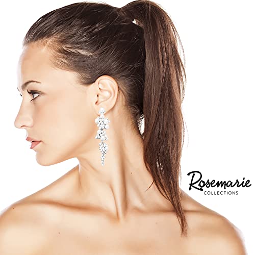 Rosemarie Collections Women's Crystal Rhinestone Bubble Dangle Statement Earrings 3.25 Inches (White Pearl Silver Tone)
