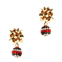 Holiday Christmas Celebration Bows With Pave Crystal Disco Ball Dangle Earrings, 1.25"