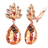 Rosemarie Collections Women's Statement Flower Petal Marquis Leaf Large Glass Crystal Teardrop Clip on Earrings, 2" (Peach Crystal Rose Gold Tone)