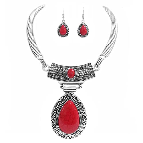 Cowgirl Chic Western Style Large Statement Concho Medallion With Natural Turquoise Howlite Collar Necklace Earrings Set, 10"+3" Extender (Teardrop Swirl Red Howlite)