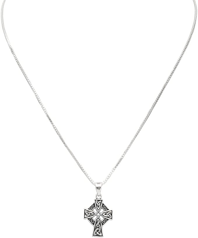 Stunning Sterling Silver Castledermot Celtic Cross Pendant Necklace (24 Inch Curb Chain)