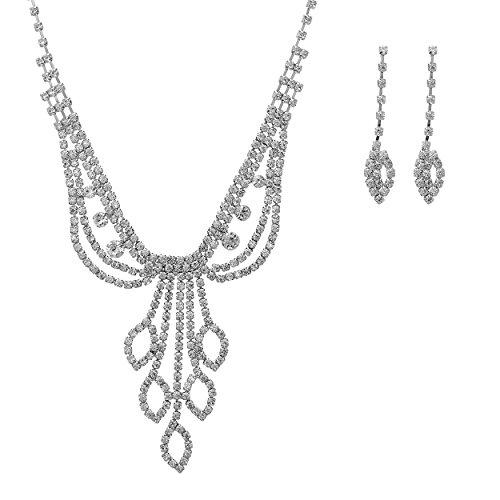 Rhinestone Statement Necklace Dangle Earrings Set (Silver Color)