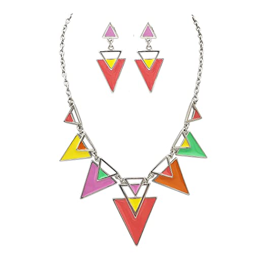 Colorful Enamel Coated Geometric Triangles Silver Tone Metal Statement Necklace Earrings Gift Set, 15"+3" Extender