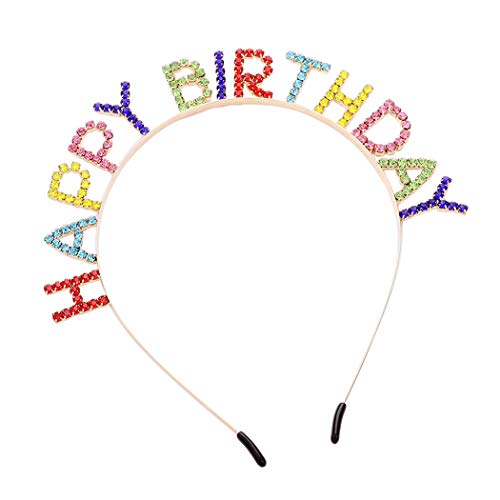 Happy Birthday Crown With Crystal Rhinestones Headband Tiara (Rainbow Crystal Gold Tone)
