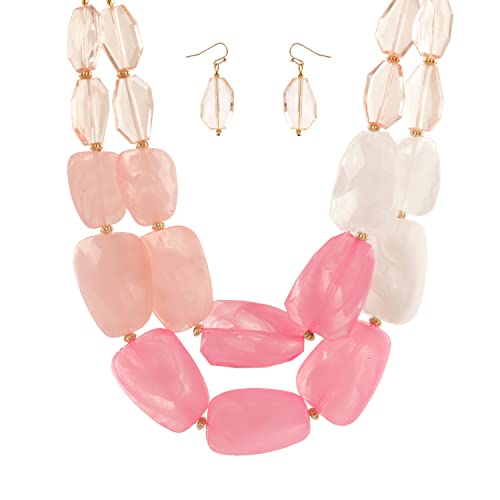 Rosemarie Collections Women's Ombre Polished Resin Statement Necklace Earring Set, 16"+3" Extender (Pink)