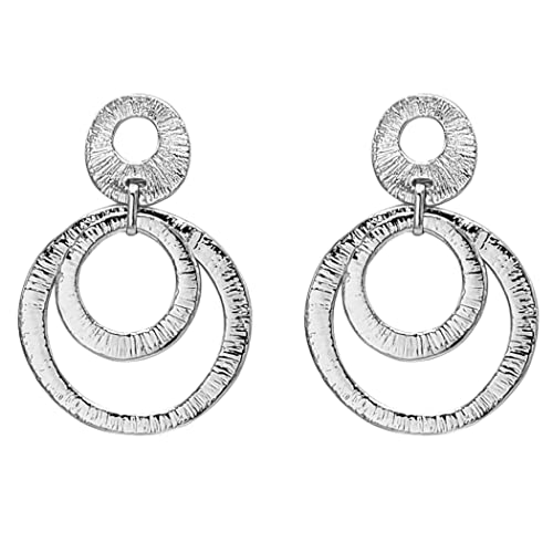 Stunning Polished Metal Double Ring Grooved Textured Hoop Statement Clip On Earring, 2.87" (Silver Tone)