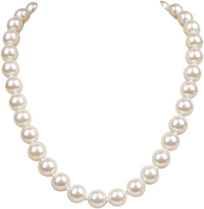 Classic Simulated Pearl Knotted Strand Necklace With Magnetic Clasp (12mm, 18", Cream)