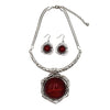 Stunning Silver Tone Statement Flower Medallion With Red String Glass Bubble Necklace Earrings Set, 16"+3" Extension