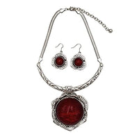 Stunning Silver Tone Statement Flower Medallion With Red String Glass Bubble Necklace Earrings Set, 16"+3" Extension