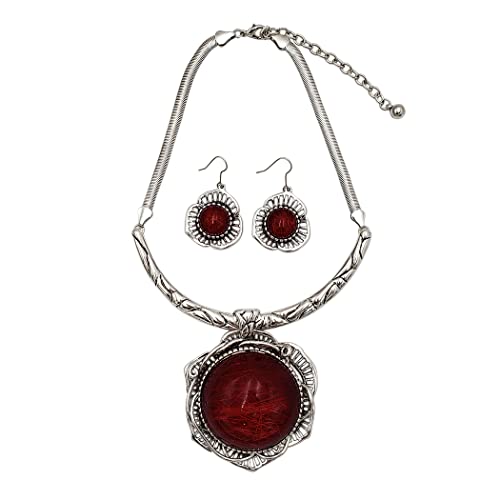 Stunning Silver Tone Statement Flower Medallion With Red String Glass Bubble Necklace Earrings Set, 16"+3" Extension