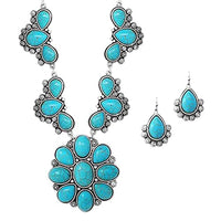 Western Flower Medallion Style Turquoise Howlite Stone Statement Paperclip Links Necklace Earrings Set, 18"+2" Extender