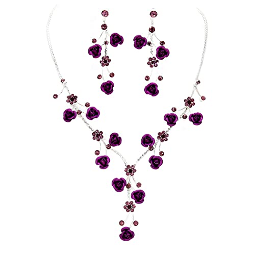 Rosemarie Collections Women's Elegant Crystal Rhinestone And Metal Relief Rose Statement Necklace Earrings Set, 14.5"+4" Extender (Purple)