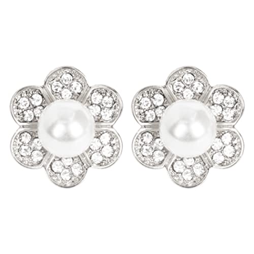 Timeless Classic Statement Simulated 10mm Pearl With Crystal Rhinestone Flower Halo Clip On Earrings, 1" (White Pearl Silver Tone)