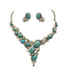 Rosemarie Collections Women's Stunning Oval Crystal Rhinestone Deep V Necklace And Earrings Statement Gift Set, 13"+3" Extender (Turquoise Blue Aged Gold Tone)