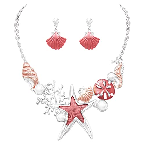 Stunning Enamel Sea Creatures And Simulated Pearl Collar Necklace Earrings Set, 12"+3" Extender (Coral Pink Starfish Silver Tone)