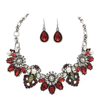 Mesmerizing Art Deco Crystal Flowers Statement Necklace Earrings Bridal Gift Set, 15"+3" Extender (Red Crystal Silver Tone)