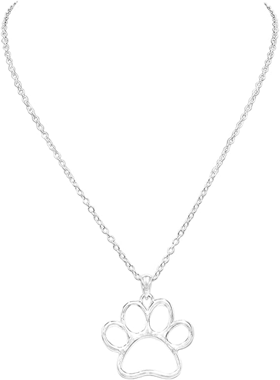 Lucky Silver Tone Paw Print Outline Pendant Necklace, 18"+ 3" Extender