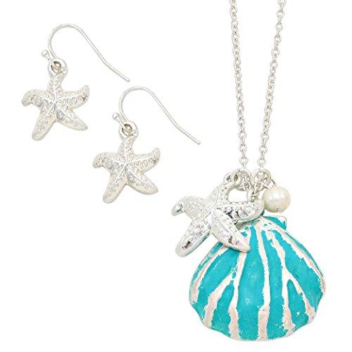 Women's Fun "Beach Babe" Turquoise and Silver Tone Shell Pendant Necklace Earring Jewelry Gift Set, 30"with 3"Extension