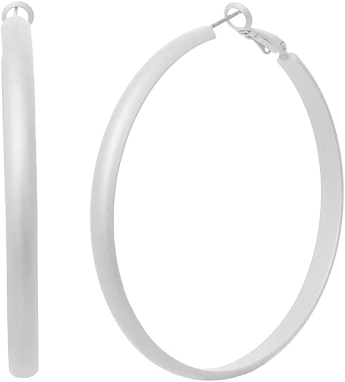 Chic Stainless Steel With Matte Finish Side Silhouette Modern Flat Hoop Earrings With Hypoallergenic Omega Post Backs (60mm, Silver Plated)