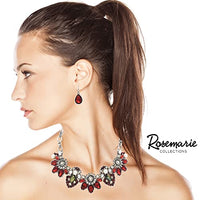 Mesmerizing Art Deco Crystal Flowers Statement Necklace Earrings Bridal Gift Set, 15"+3" Extender (Red Crystal Silver Tone)