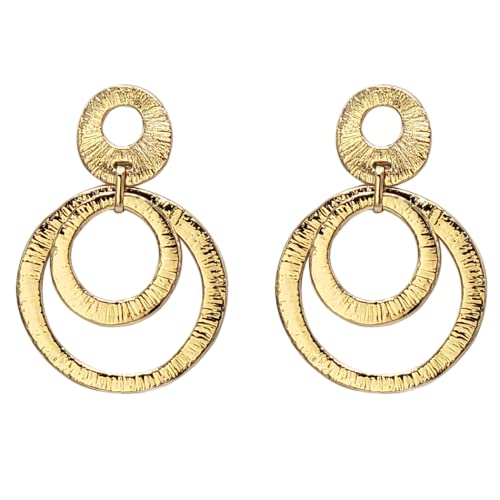 Stunning Polished Metal Double Ring Grooved Textured Hoop Statement Clip On Earring, 2.87" (Gold Tone)