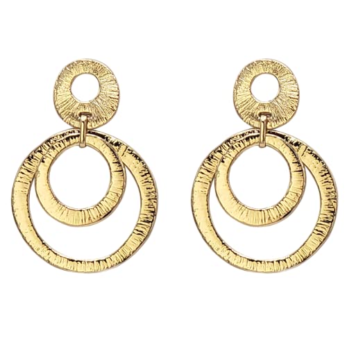 Stunning Polished Metal Double Ring Grooved Textured Hoop Statement Clip On Earring, 2.87" (Gold Tone)