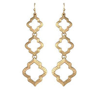 Sleek Matte Metal Textured Quatrefoil Dangle Moroccan Style Earrings, 2.75" (Matte Gold Tone)