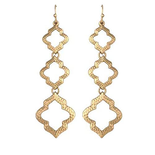 Sleek Matte Metal Textured Quatrefoil Dangle Moroccan Style Earrings, 2.75" (Matte Gold Tone)